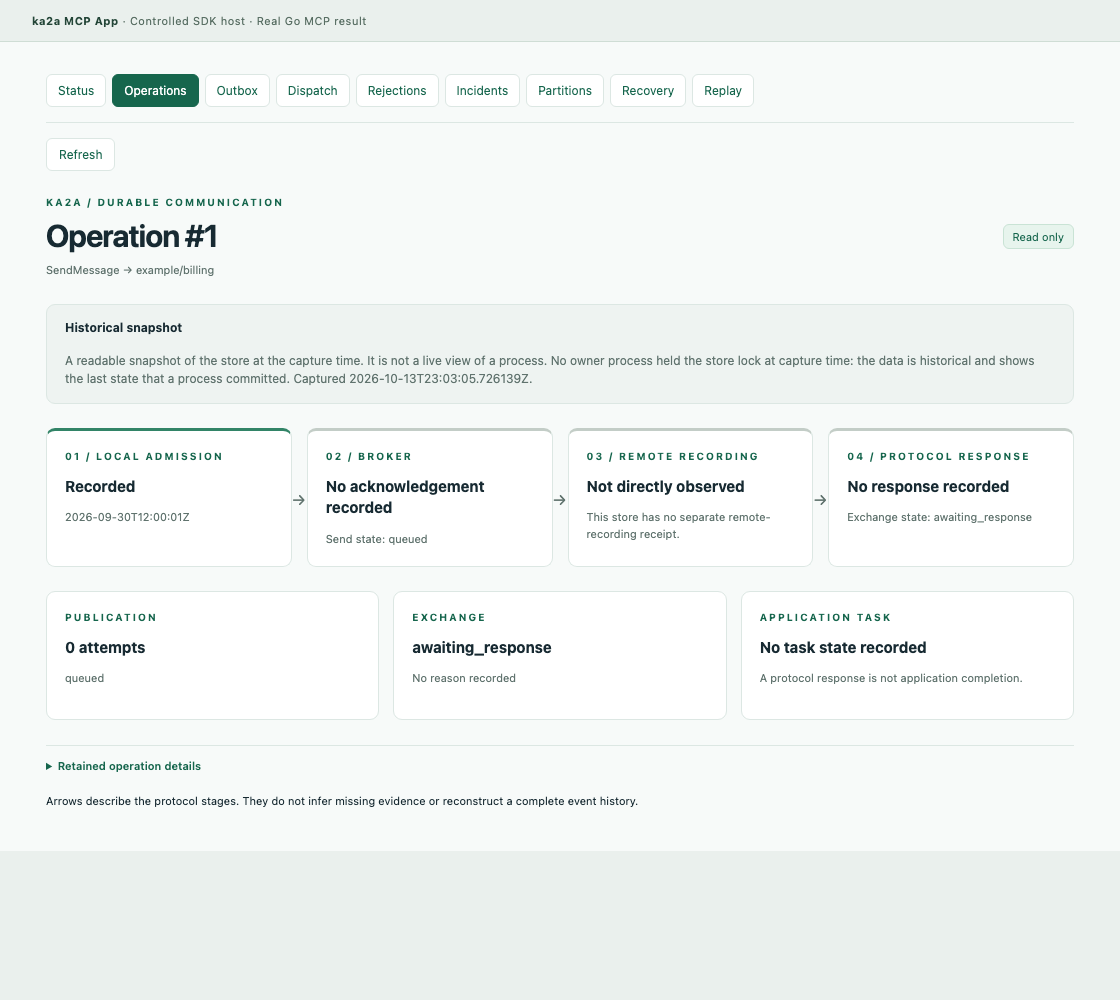 Operation 1 is admitted locally. The App shows no broker acknowledgement, no direct observation of remote recording, no response and no task state.