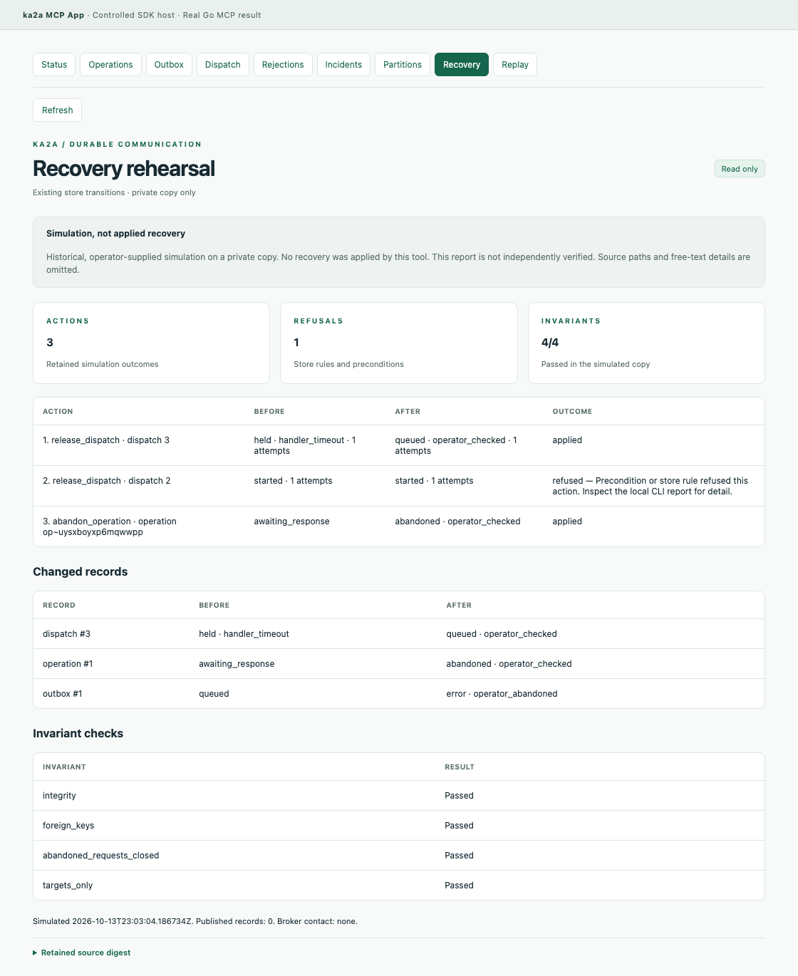 The recovery App compares three simulated actions: two applied to a private copy and one refused. Four invariant checks passed.
